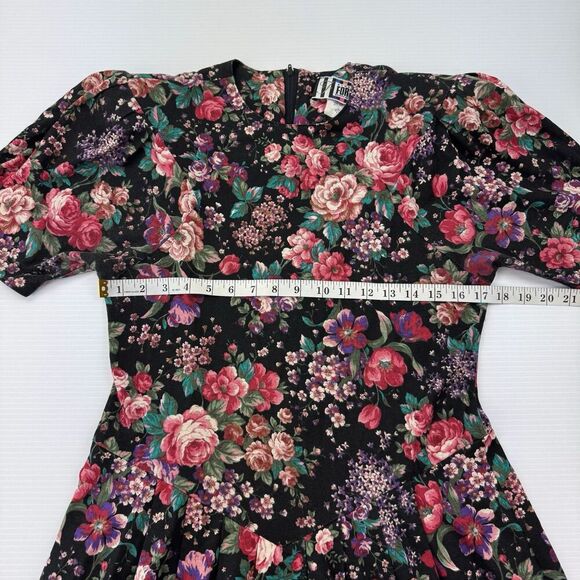 Vintage Forenza Floral Dress Large Puff Sleeve Drop Waist 80s Midi Made USA - Picture 7 of 9